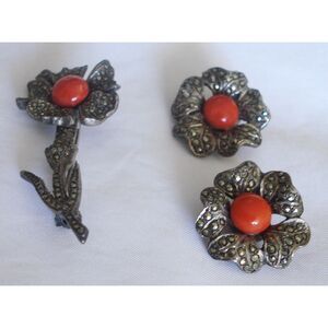 Vintage Sterling Silver 925 Coral and Marcasite Brooch Earrings Set